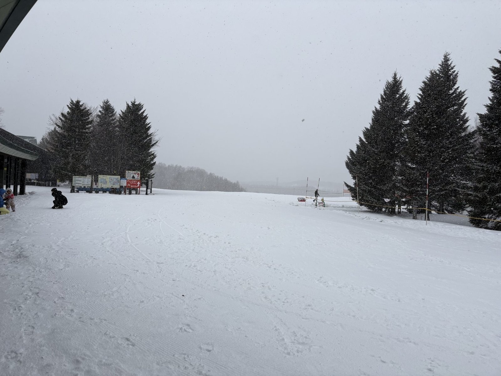 雪の降る公園の入口あたり