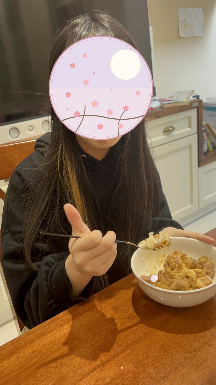 Having dinner in our kitchen 
